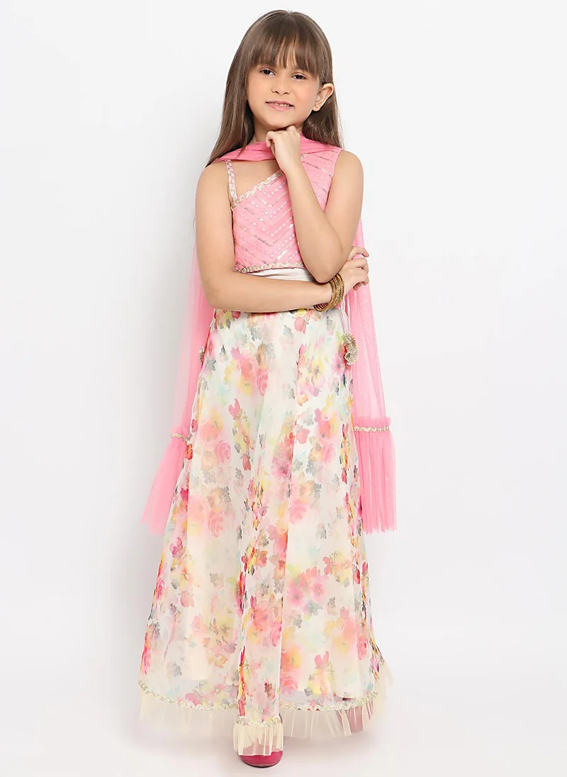 نوتيناتي طقم ليجنجا بطبعات زهور شامل مع شولي بكتف واحد مزين بالترتر ودوباتا شبكية للبنات